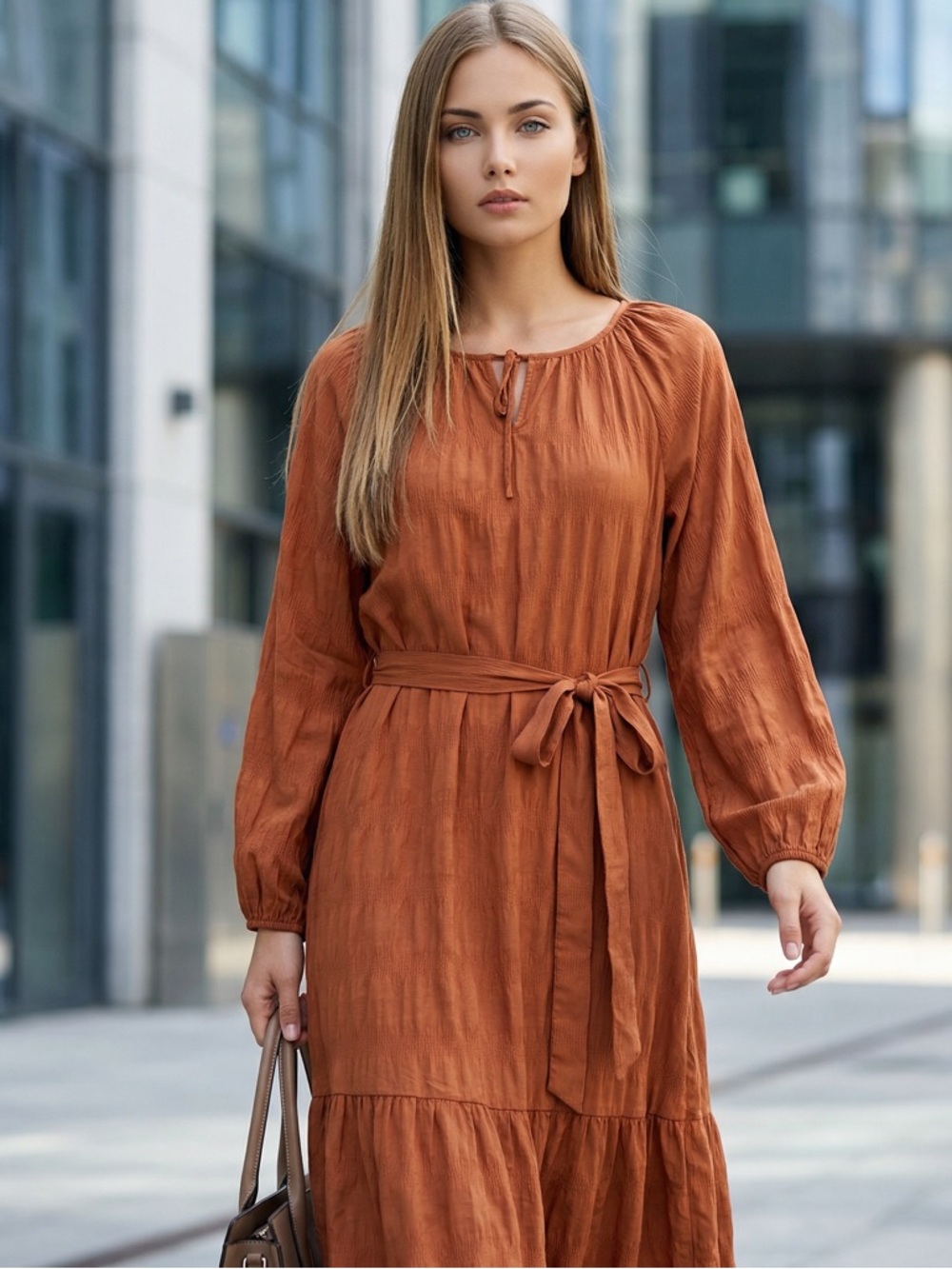 🌻Elizabeth and James Rust Tie Waist Midi Dress Long Sleeve Rayon Blend Size M